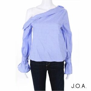 J.O.A. Light Blue Checkered One-Shoulder Blouse